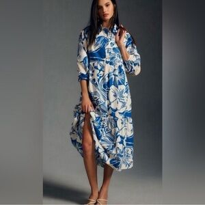 Anthro Bettina by Mauve: Floral Blue and White Women's Dress